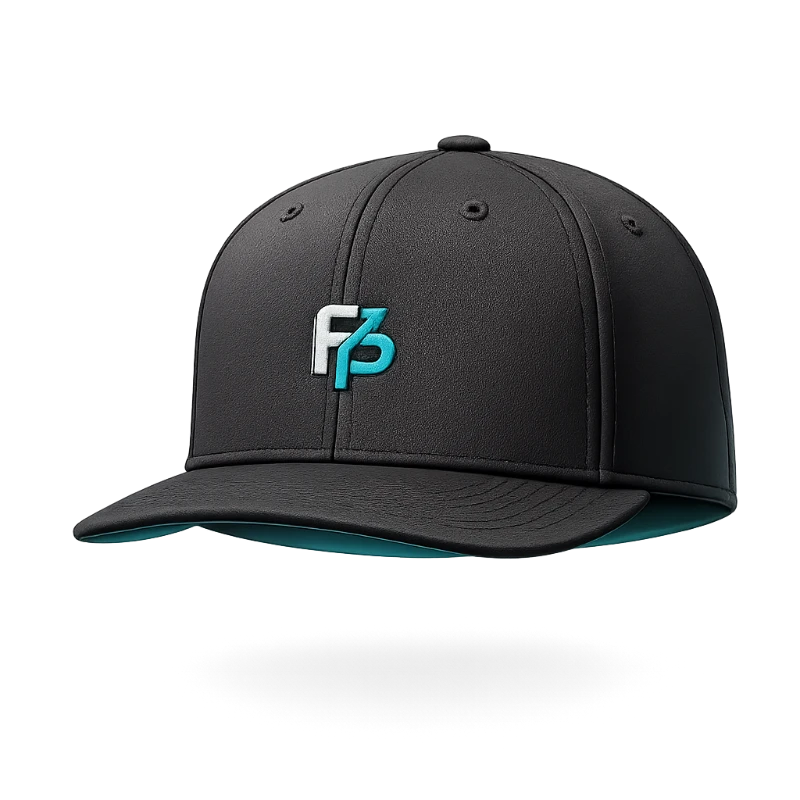 Sharp Cap — black six-panel cap with embroidered FP logo and teal underbrim