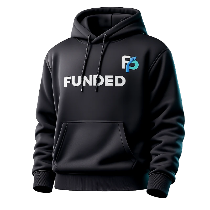 Funded Hoodie — matte black hoodie with FUNDED chest print and FP logo