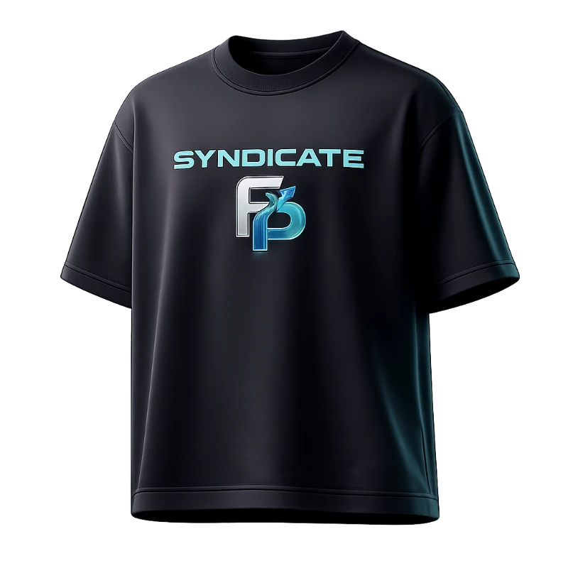 Syndicate Tee — black oversized tee with SYNDICATE print and FP logo